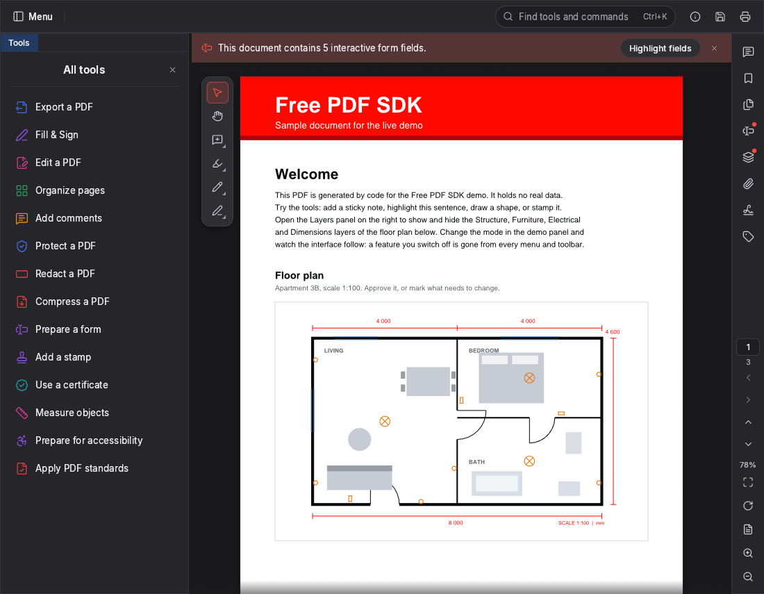Free PDF SDK in full mode, dark theme: the Tools panel, quick toolbar, menus and every panel