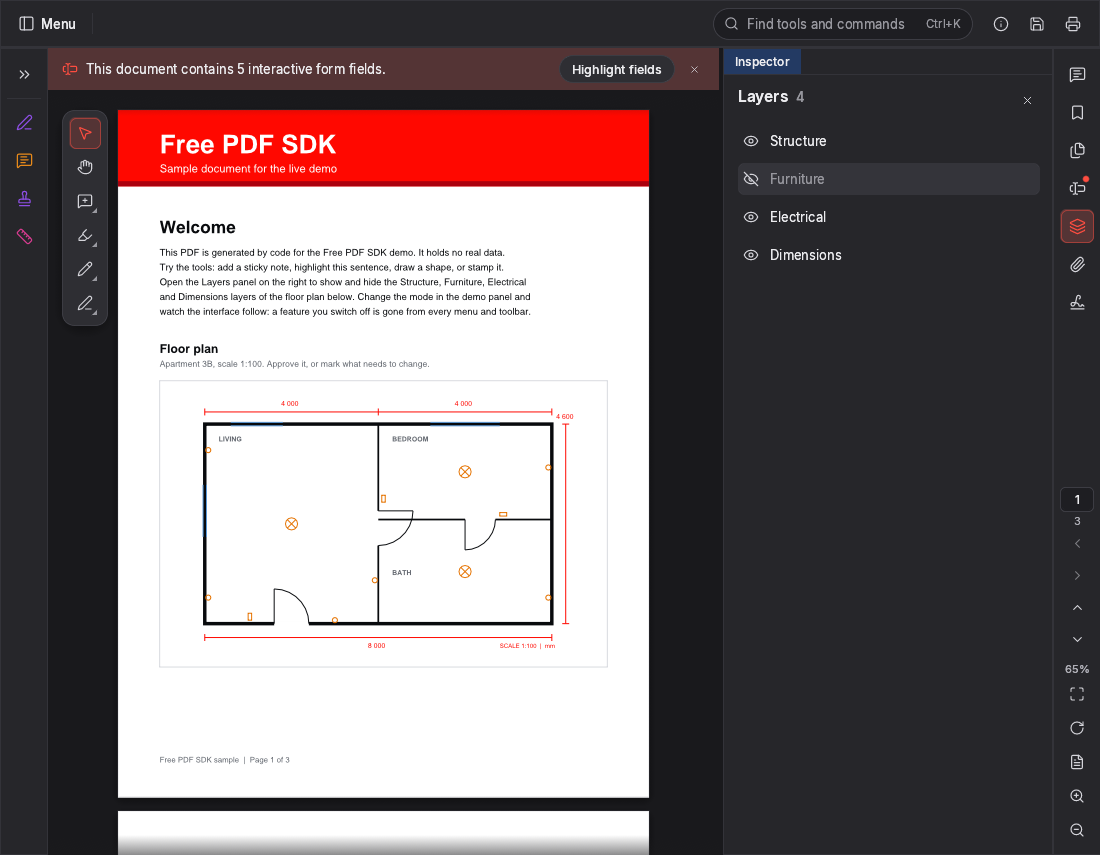 Free PDF SDK in the dark theme with the Layers panel open: Artwork, Dieline, Varnish and Text layers of a packaging proof, each with a show/hide toggle