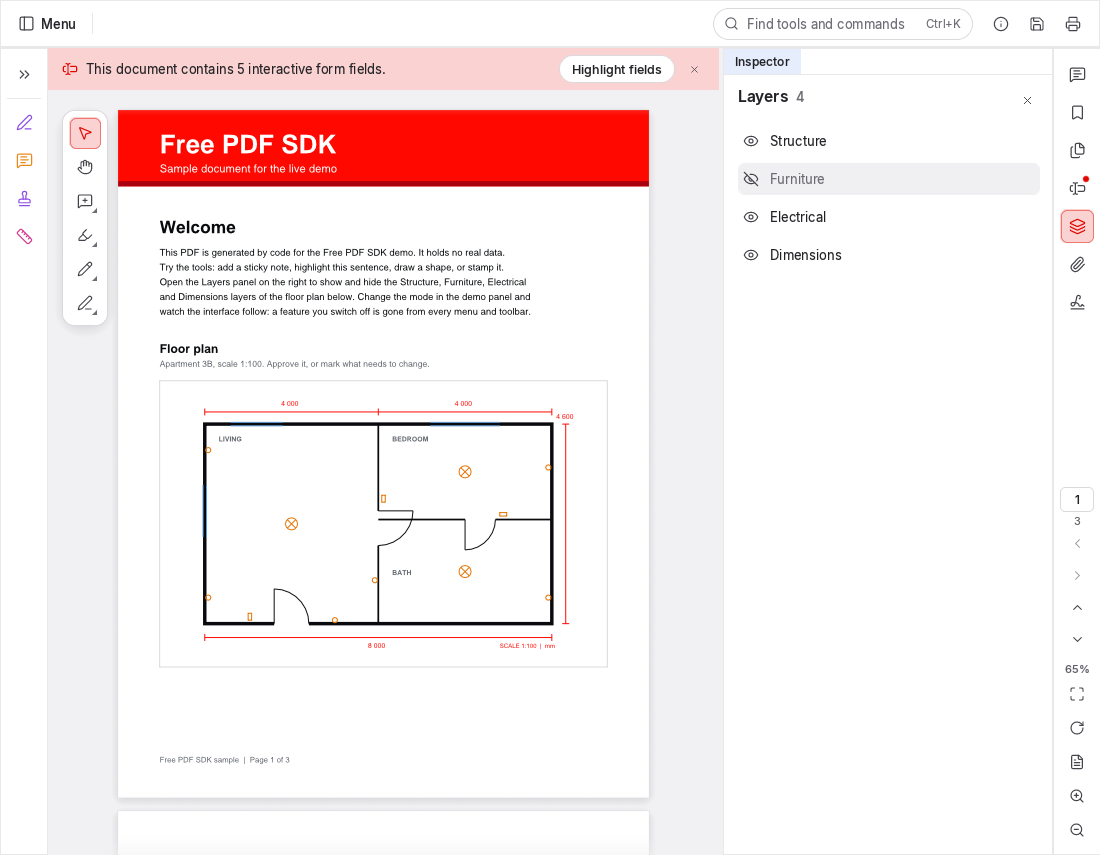 Free PDF SDK with the Layers panel open: Artwork, Dieline, Varnish and Text layers of a packaging proof, each with a show/hide toggle